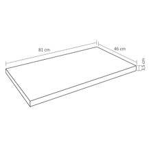 Bovenaanzicht van een werkblad met de afmetingen 81 cm lengte, 46 cm breedte en 3,5 cm hoogte