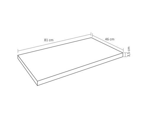 Bovenaanzicht van een werkblad met de afmetingen 81 cm lengte, 46 cm breedte en 3,5 cm hoogte