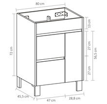 Technische tekening van een wastafelonderkast met afmetingen