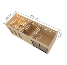 Plattegrond van een houten tuinhuissauna met afmetingen.