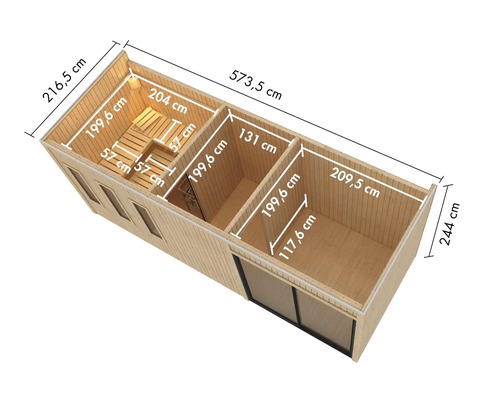 Plattegrond van een houten tuinhuissauna met afmetingen.