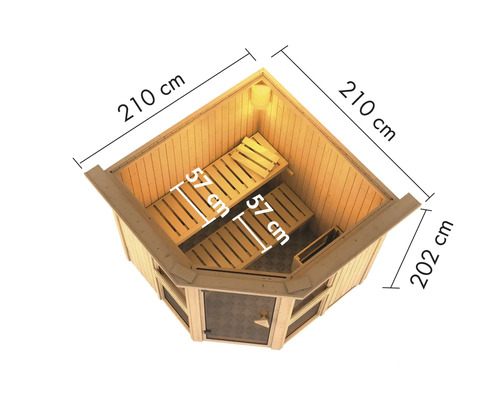 Hoeksauna met afmetingen 210 cm x 210 cm x 202 cm