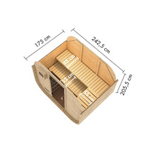 Binnenaanzicht van een barrelsauna met afmetingen.