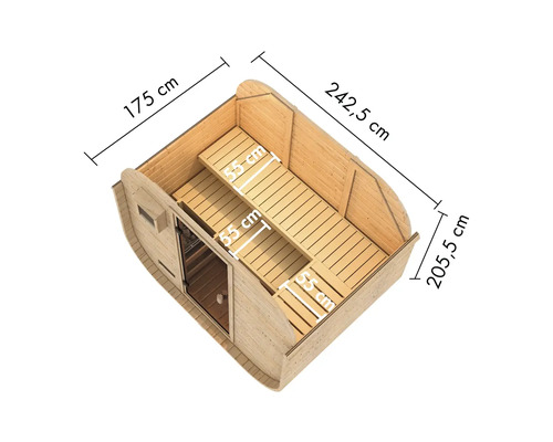 Binnenaanzicht van een barrelsauna met afmetingen.