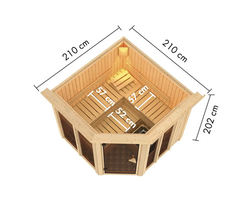 Bovenaanzicht hoeksauna met afmetingen 210 cm bij 210 cm bij 202 cm.