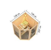 Interieur van een sauna met afmetingen van 158 x 158 x 207 centimeter, inclusief banken en kachel.