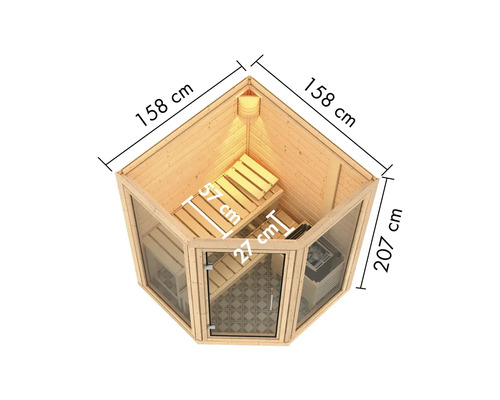 Interieur van een sauna met afmetingen van 158 x 158 x 207 centimeter, inclusief banken en kachel.