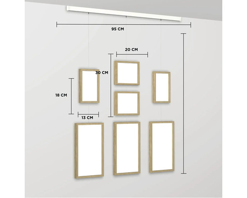 Hangend fotolijstsysteem met meerdere fotolijsten en afmetingen