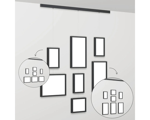 Hangende fotolijsten met railsysteem voor wanddecoratie