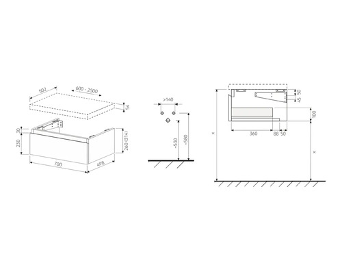 Technische tekening van een wastafelonderkast met afmetingen