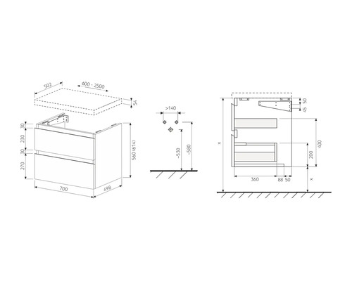 Technische tekening van een wastafelonderkast met maataanduidingen