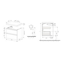 Technische tekening van een wastafelonderkast met afmetingen