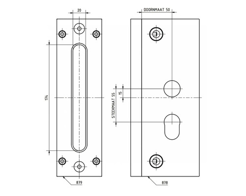 Technische tekening van deurbeslag met maatvoering