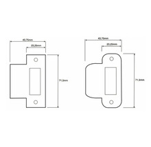 Technische tekening van een deurslot met afmetingen van 43,75 mm en 71,5 mm