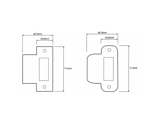 Technische tekening van een deurslot met afmetingen van 43,75 mm en 71,5 mm