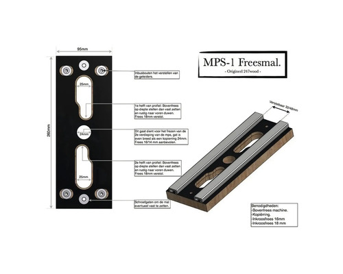 Technische tekening van een MPS-1 freesmal met maatvoering