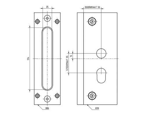 Technische tekening van een deurkrukstel met maatvoering