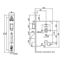 Technische tekening van een deurslot met afmetingen
