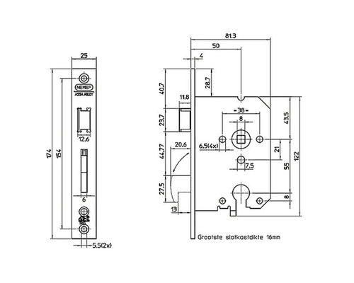Technische tekening van een deurslot met afmetingen