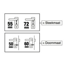 Technische tekening van deurbeslag met maatgegevens over doornmaat en steekmaat.