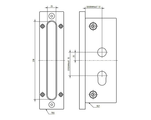 Technische tekening van een deurbeslag met maatvoering.