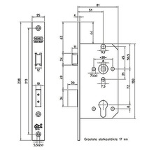 Technische tekening van een deurslot met afmetingen