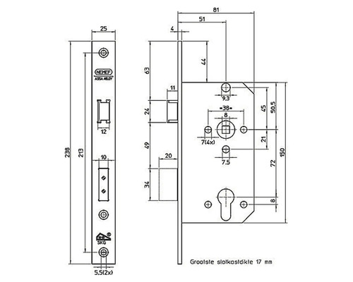 Technische tekening van een deurslot met afmetingen