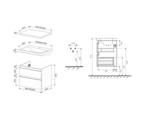 Technische tekening van een wastafelonderkast met wastafel en blad met maatvoering