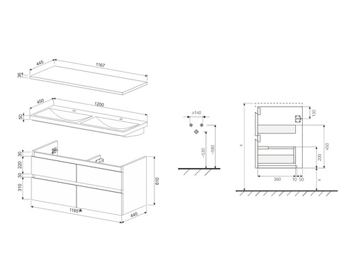 Technische tekening van een wastafelonderkast met dubbele wastafel en afmetingen