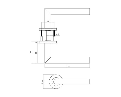 Technische tekening van een deurklink met maatvoering