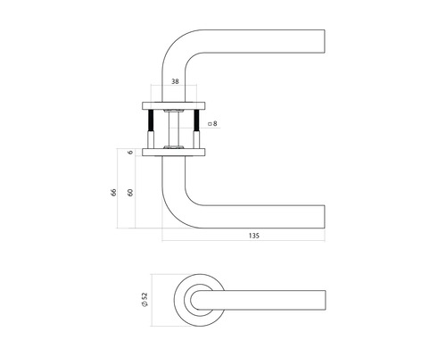 Technische tekening van een deurklink met afmetingen