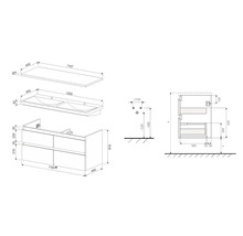Technische tekening van een wastafelonderkast met afmetingen