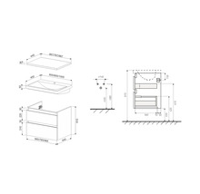 Technische tekening van een wastafelonderkast met afmetingen.
