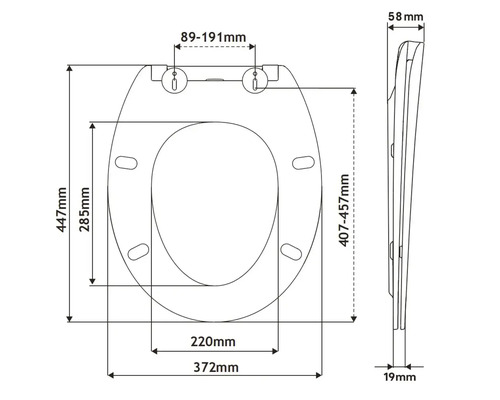Technische tekening van een toiletbril met afmetingen