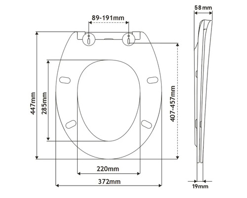 Technische tekening van een toiletbril met maatvoering.