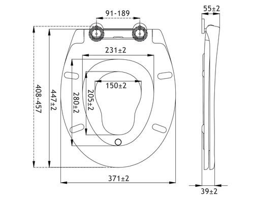Technische tekening van een toiletbril met afmetingen