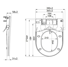 Technische tekening van een douchetoilet met maatvoering