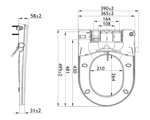Technische tekening van een douchetoilet met maatvoering