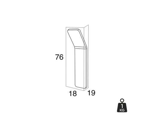 Technische tekening van een meubelstuk met maatvoering en gewicht