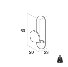 Technische tekening van een enkele wandhaak met afmetingen en gewichtssymbool voor een draagvermogen van 1 kilogram