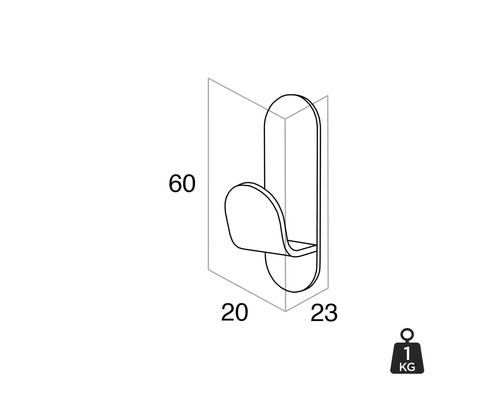 Technische tekening van een enkele wandhaak met afmetingen en gewichtssymbool voor een draagvermogen van 1 kilogram