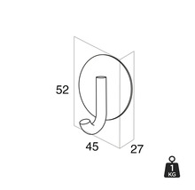 Technische tekening van een kapstokhaak met de afmetingen 52, 45 en 27 en een gewicht van 1 kilogram