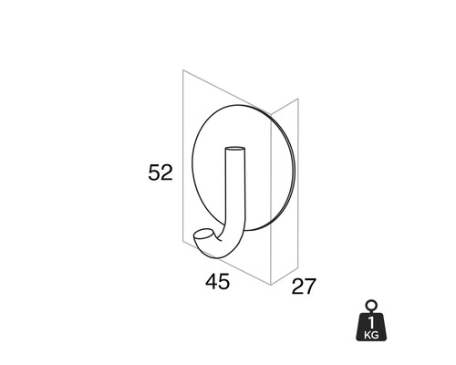 Technische tekening van een kapstokhaak met de afmetingen 52, 45 en 27 en een gewicht van 1 kilogram