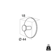 Technische tekening van een wandhaak met afmetingen van 18 en 44 millimeter en een draagvermogen van één kilogram