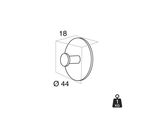 Technische tekening van een wandhaak met de afmetingen 18, diameter 44 en een gewicht van 1 kilogram