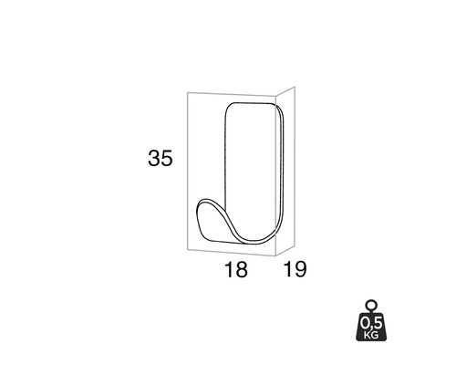 Technische tekening van een enkele kapstokhaak met afmetingen