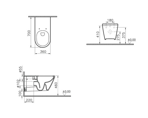 Technische tekening van een wandcloset met afmetingen