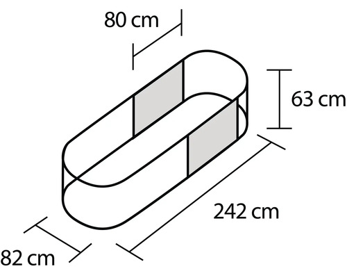 Illustratie van een ovale verhoogde tuinbak met afmetingen van 242 cm lengte, 82 cm breedte en 63 cm hoogte.