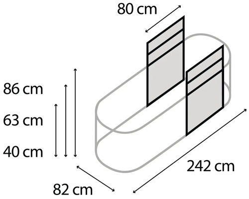 Technische tekening van een dubbele wastafel met afmetingen van 242 centimeter lang, 82 centimeter breed en 86 centimeter hoog