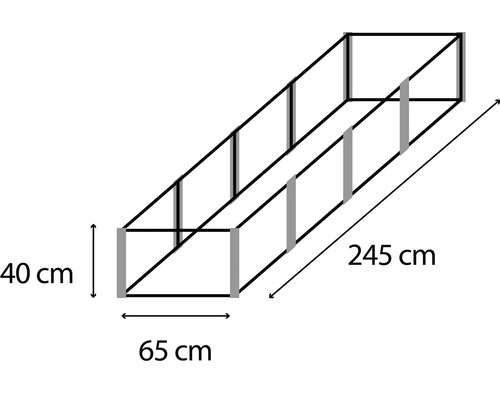 Schema van een planttafelconstructie met de afmetingen 245 cm lengte, 65 cm breedte en 40 cm hoogte.